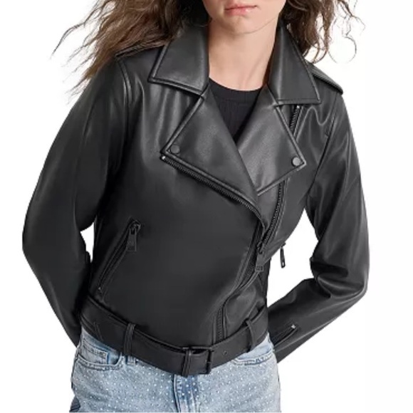 DKNY Jeans Faux-Leather Belted-Hem Moto Jacket Size Large - Picture 1 of 5